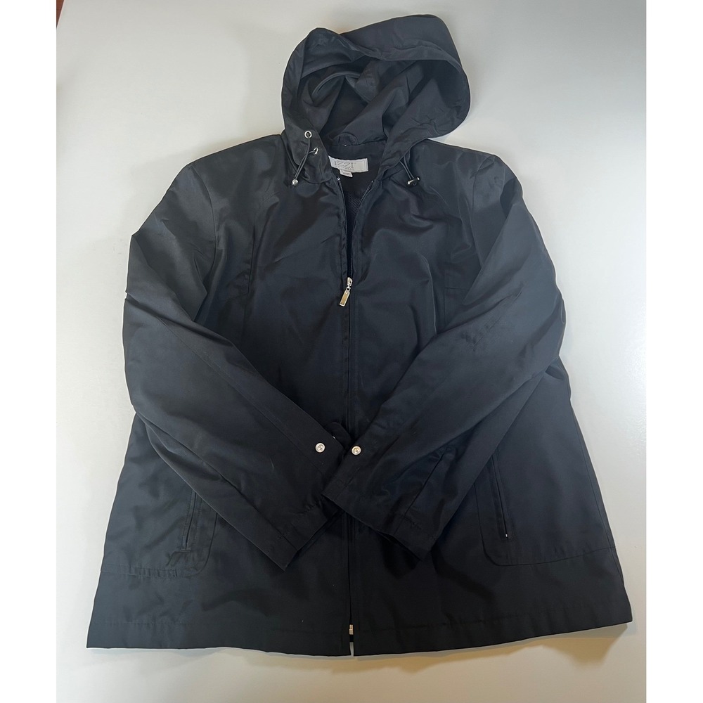 IZZI Outerwear Black Hooded‎ Raincoat Lightweight Jacket Women's Sz L